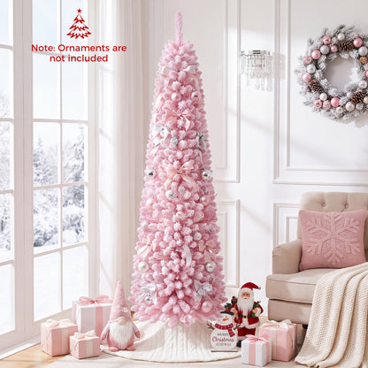 6 FT Pink Flocked Pre-Lit Pencil Christmas Tree with LED Lights