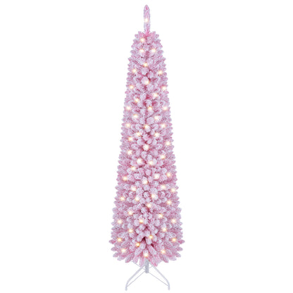 6 FT Pink Flocked Pre-Lit Pencil Christmas Tree with LED Lights