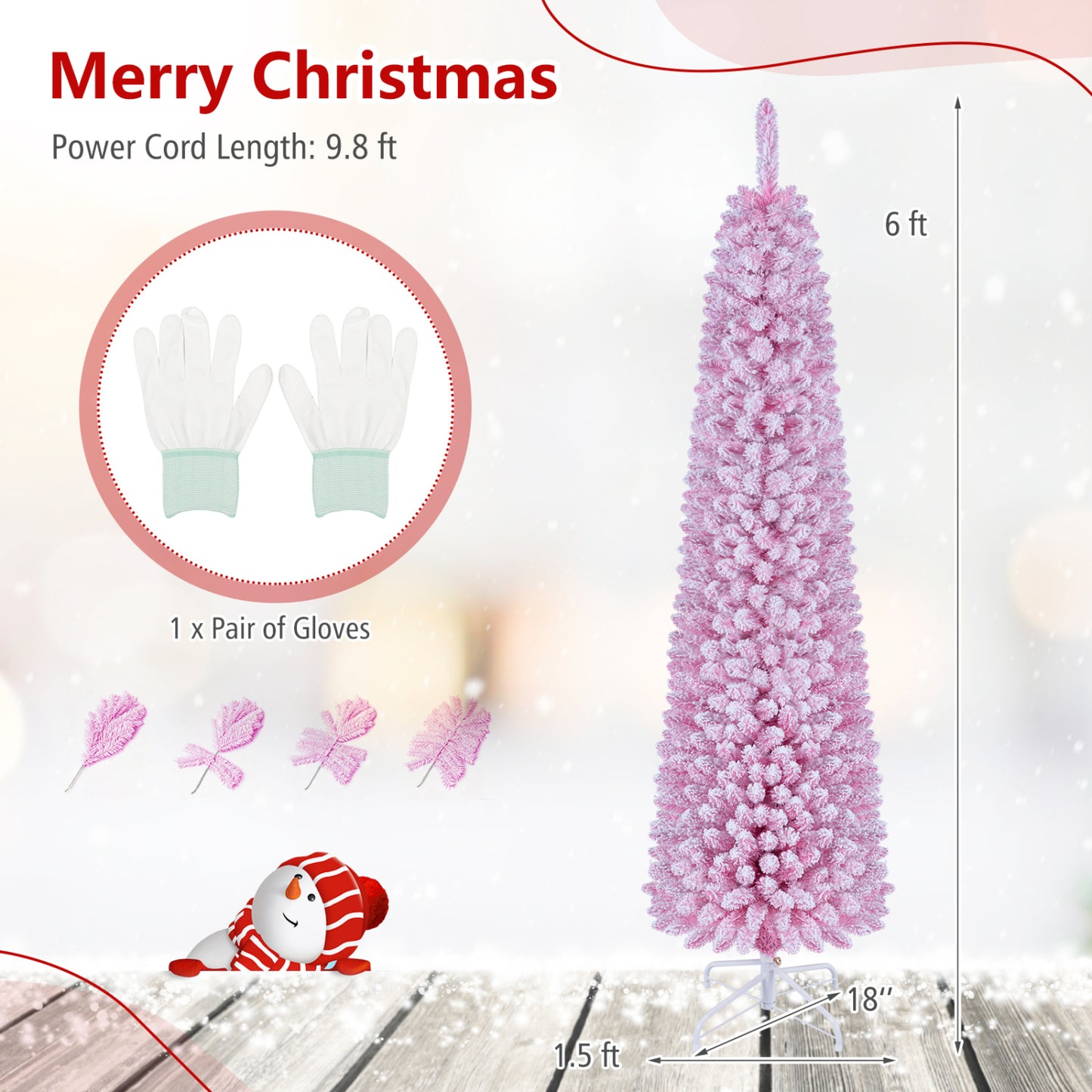 6 FT Pink Flocked Pre-Lit Pencil Christmas Tree with LED Lights
