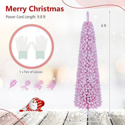 6 FT Pink Flocked Pre-Lit Pencil Christmas Tree with LED Lights