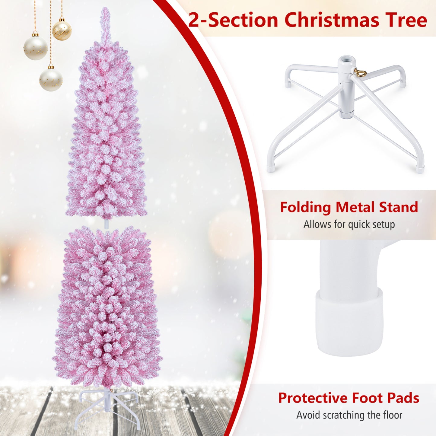 6 FT Pink Flocked Pre-Lit Pencil Christmas Tree with LED Lights