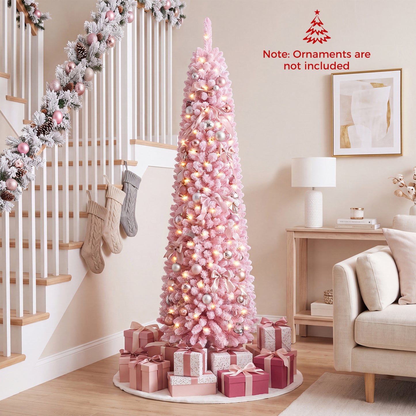 6 FT Pink Flocked Pre-Lit Pencil Christmas Tree with LED Lights