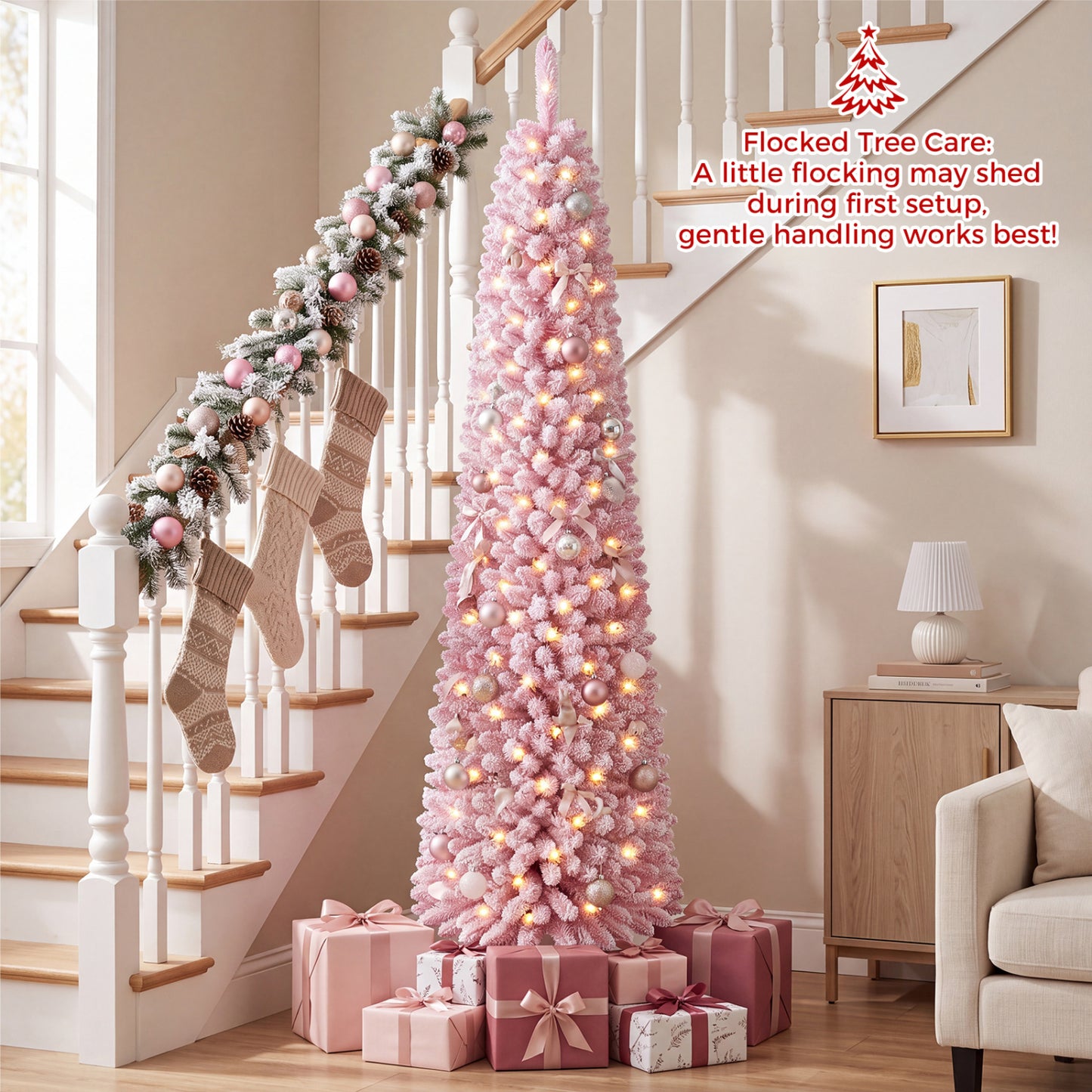 6 FT Pink Flocked Pre-Lit Pencil Christmas Tree with LED Lights
