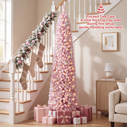 6 FT Pink Flocked Pre-Lit Pencil Christmas Tree with LED Lights
