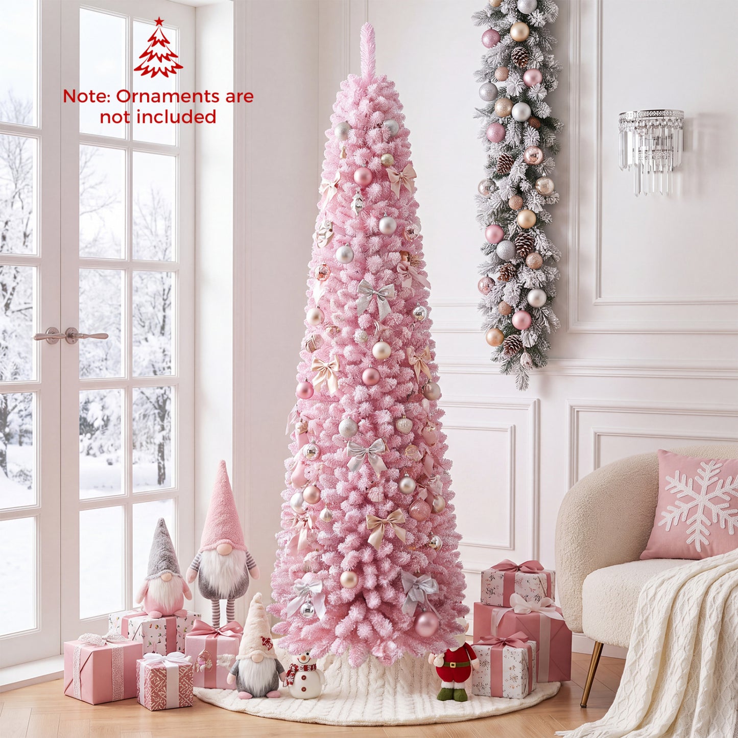 6 FT Pink Flocked Pre-Lit Pencil Christmas Tree with LED Lights