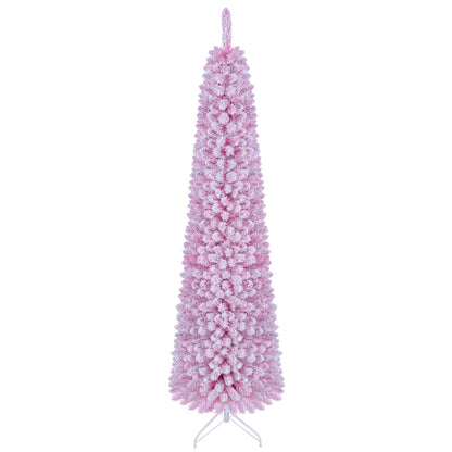 6 FT Pink Flocked Pre-Lit Pencil Christmas Tree with LED Lights