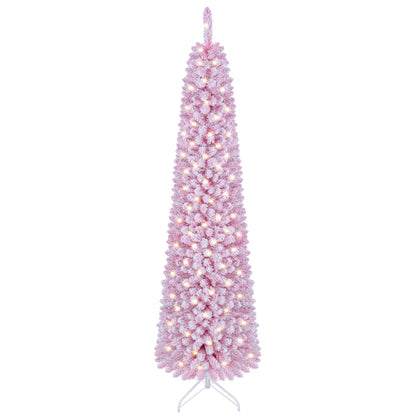 6 FT Pink Flocked Pre-Lit Pencil Christmas Tree with LED Lights