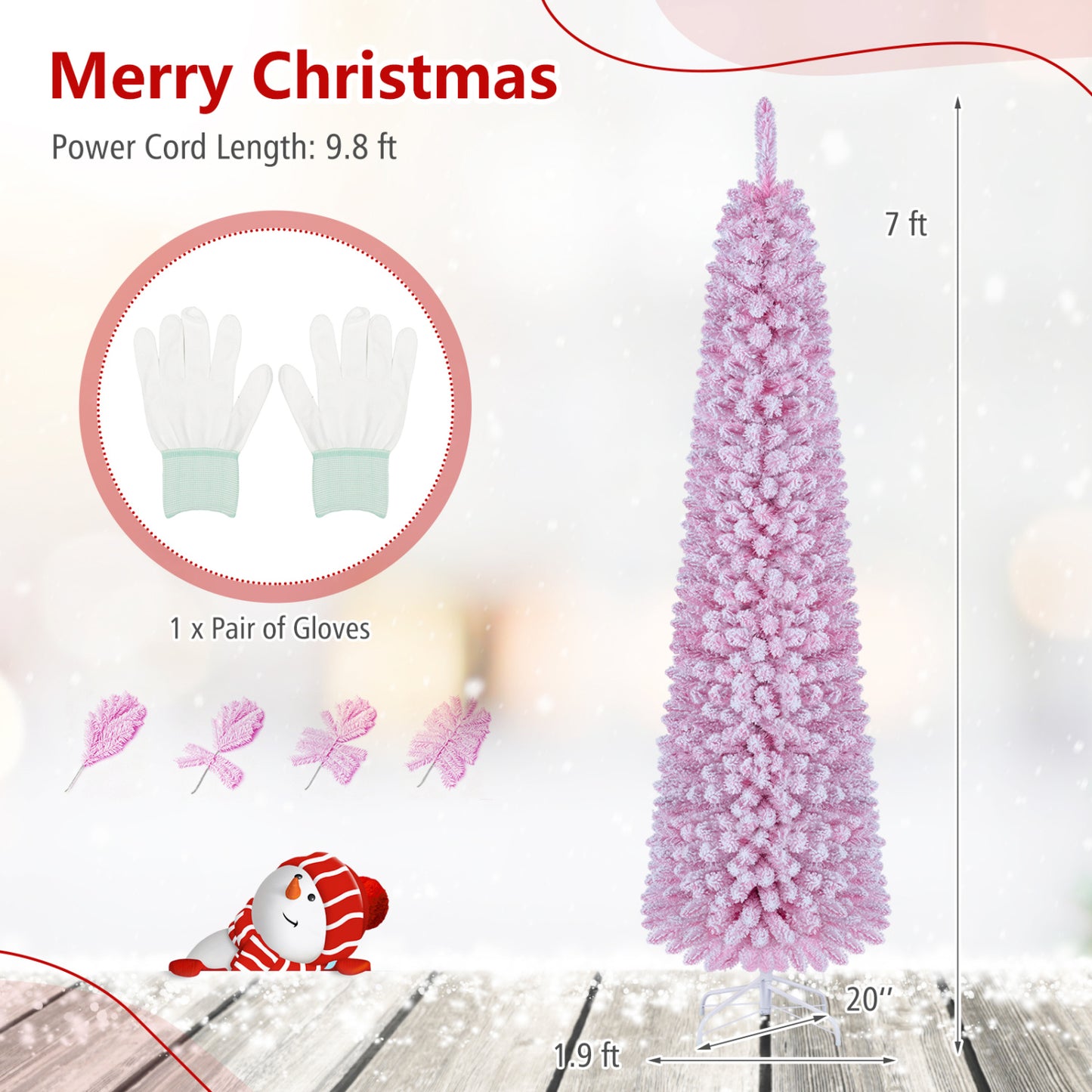 6 FT Pink Flocked Pre-Lit Pencil Christmas Tree with LED Lights