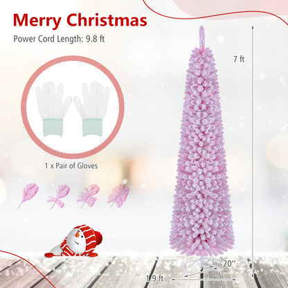 6 FT Pink Flocked Pre-Lit Pencil Christmas Tree with LED Lights