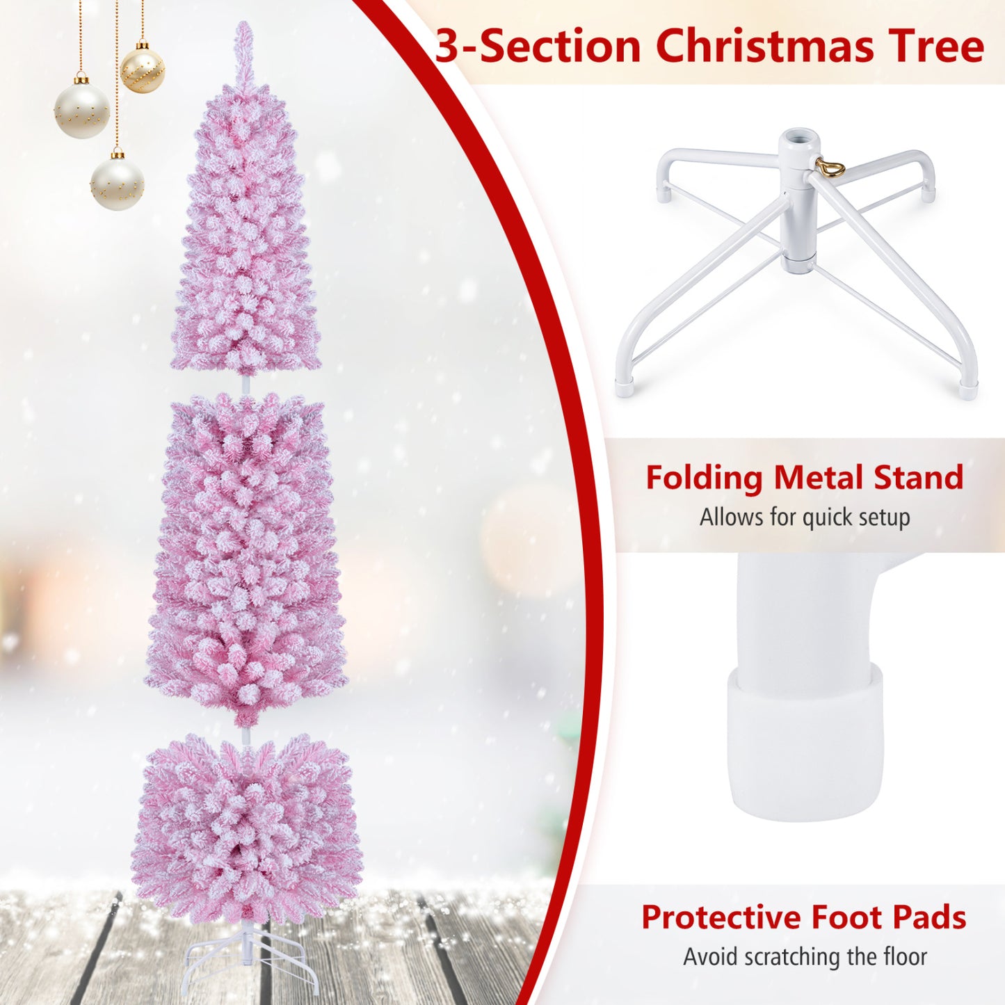 6 FT Pink Flocked Pre-Lit Pencil Christmas Tree with LED Lights