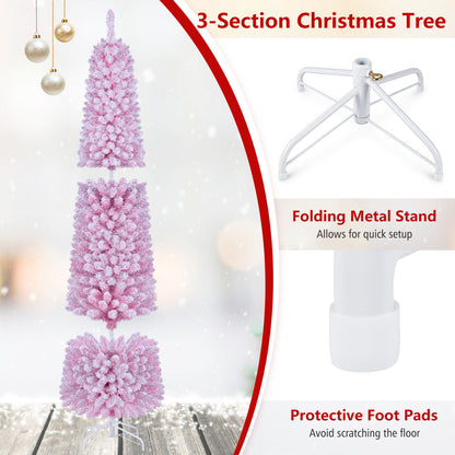 6 FT Pink Flocked Pre-Lit Pencil Christmas Tree with LED Lights