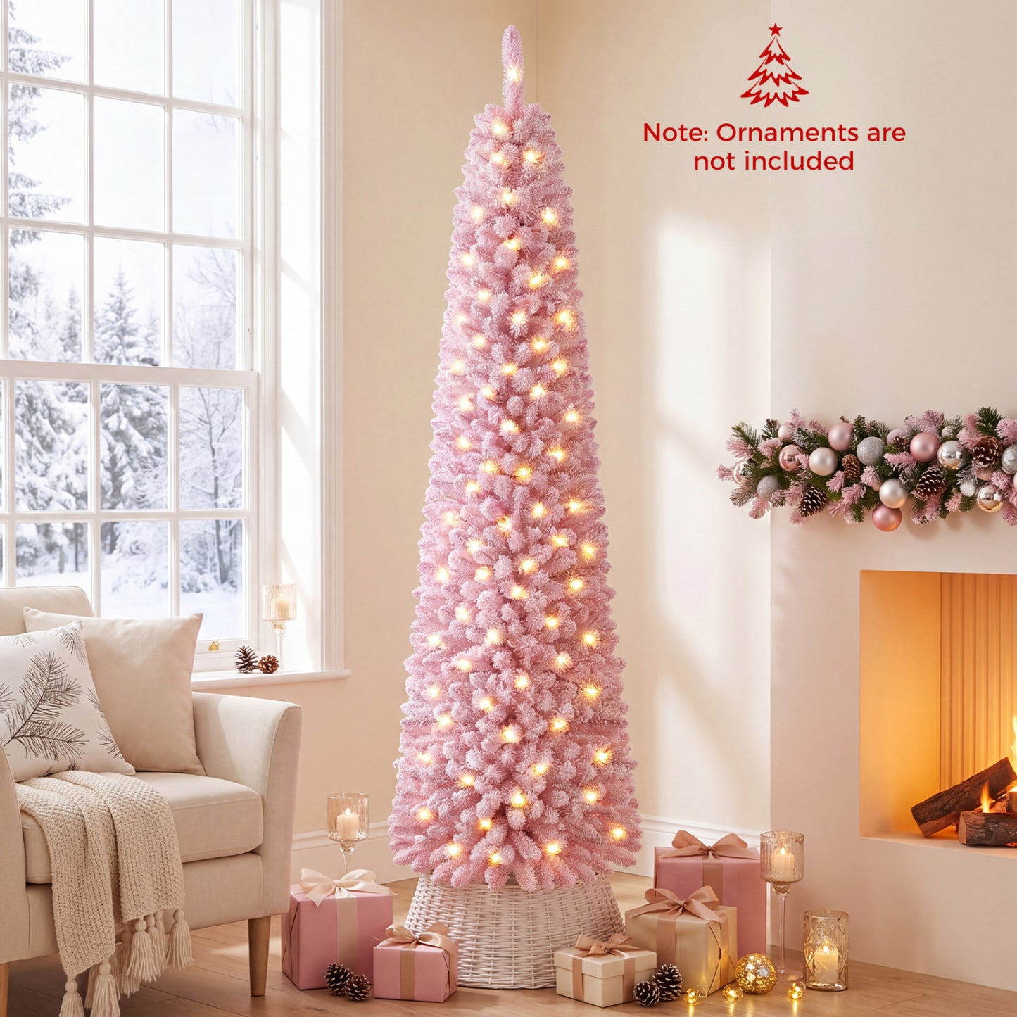 6 FT Pink Flocked Pre-Lit Pencil Christmas Tree with LED Lights