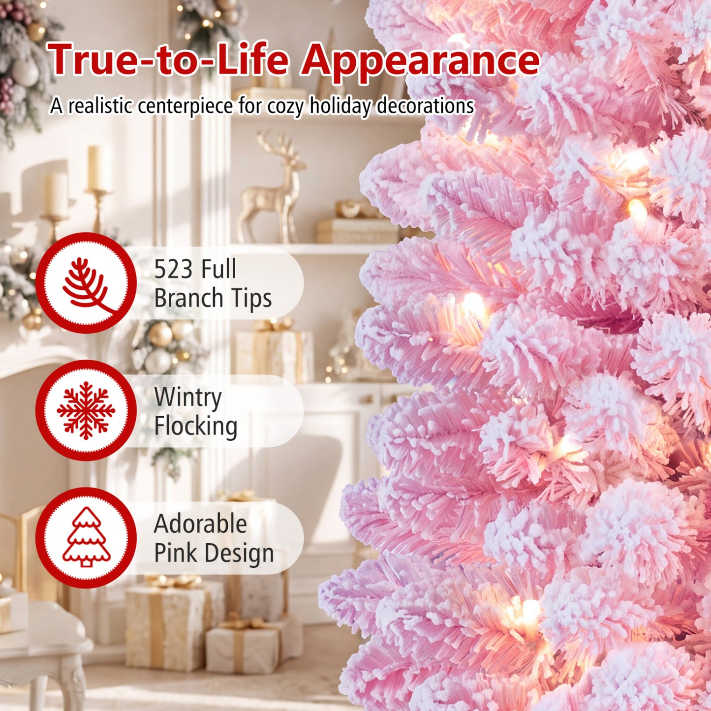 6 FT Pink Flocked Pre-Lit Pencil Christmas Tree with LED Lights