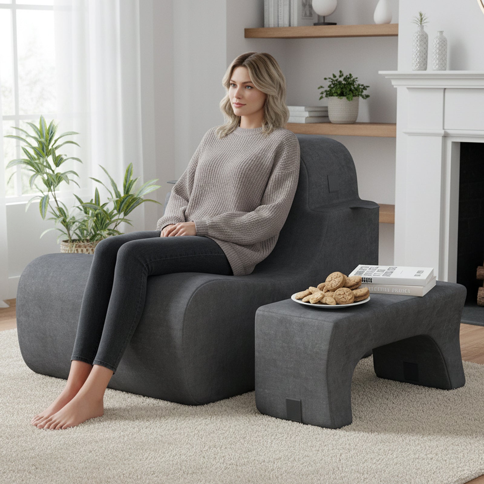 Floor Chair Lazy Sofa with Detachable Headrest-Gray