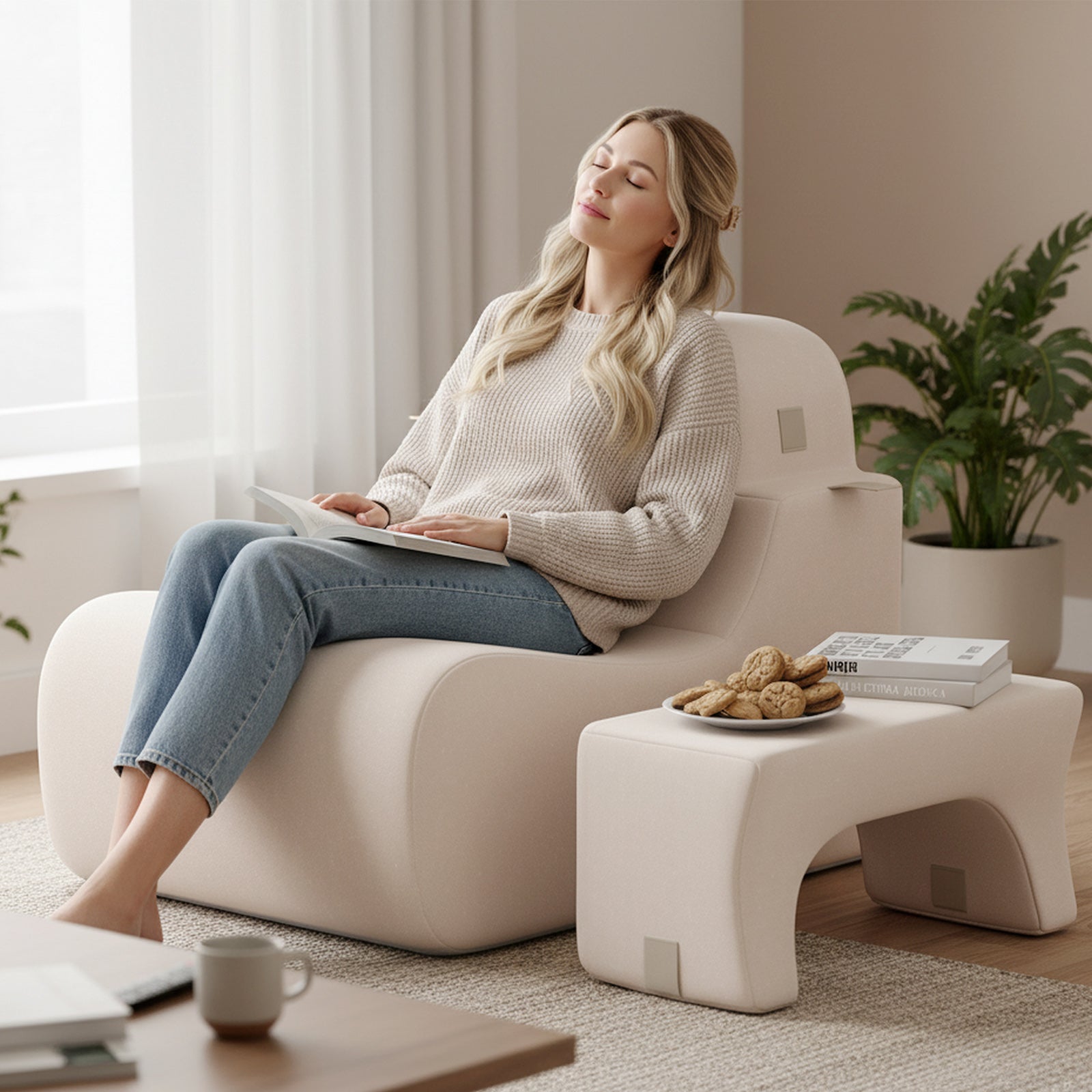 Floor Chair Lazy Sofa with Detachable Headrest-Beige