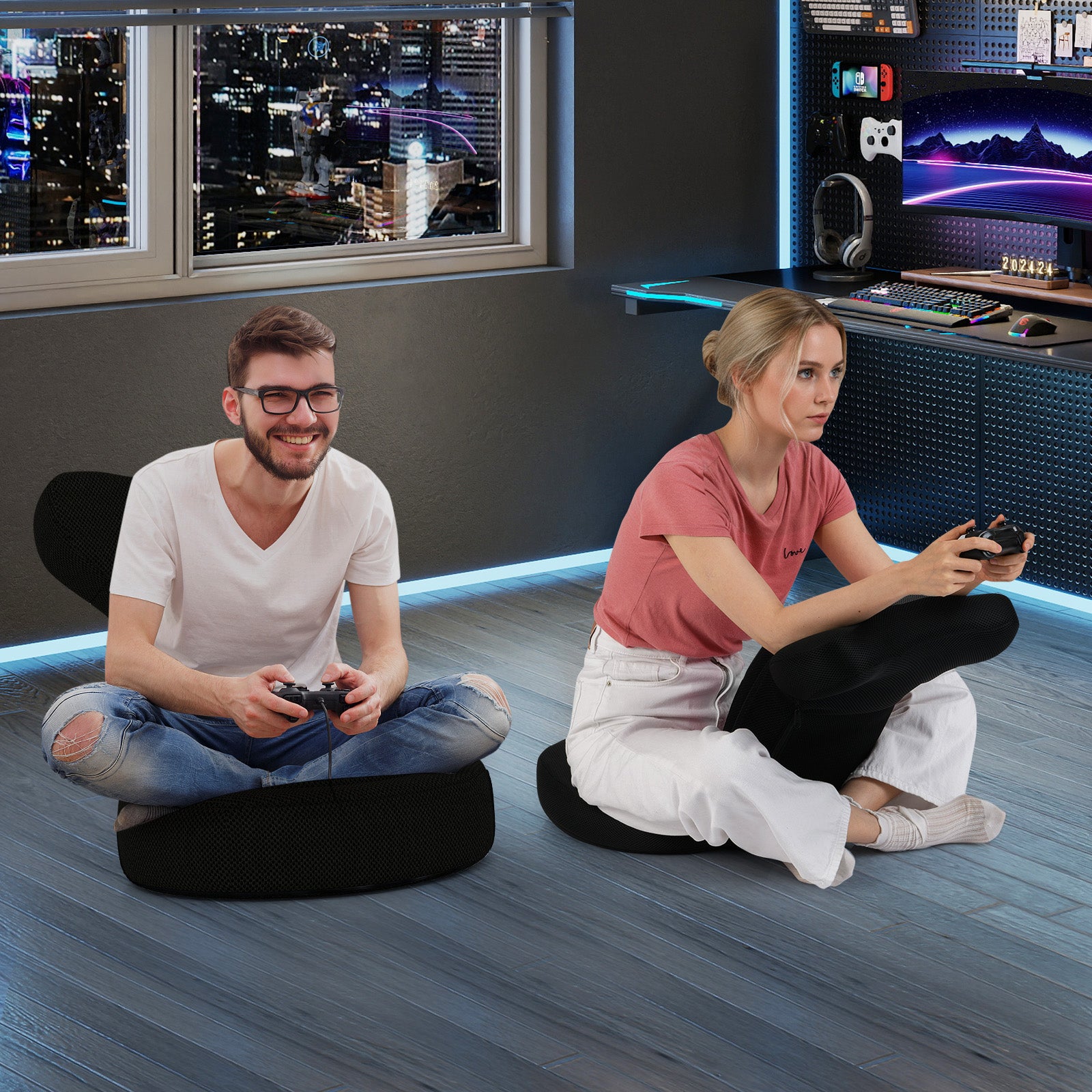 Floor Comfy Gaming Leisure Chair with Adjustable Headrest and Backrest-Gray