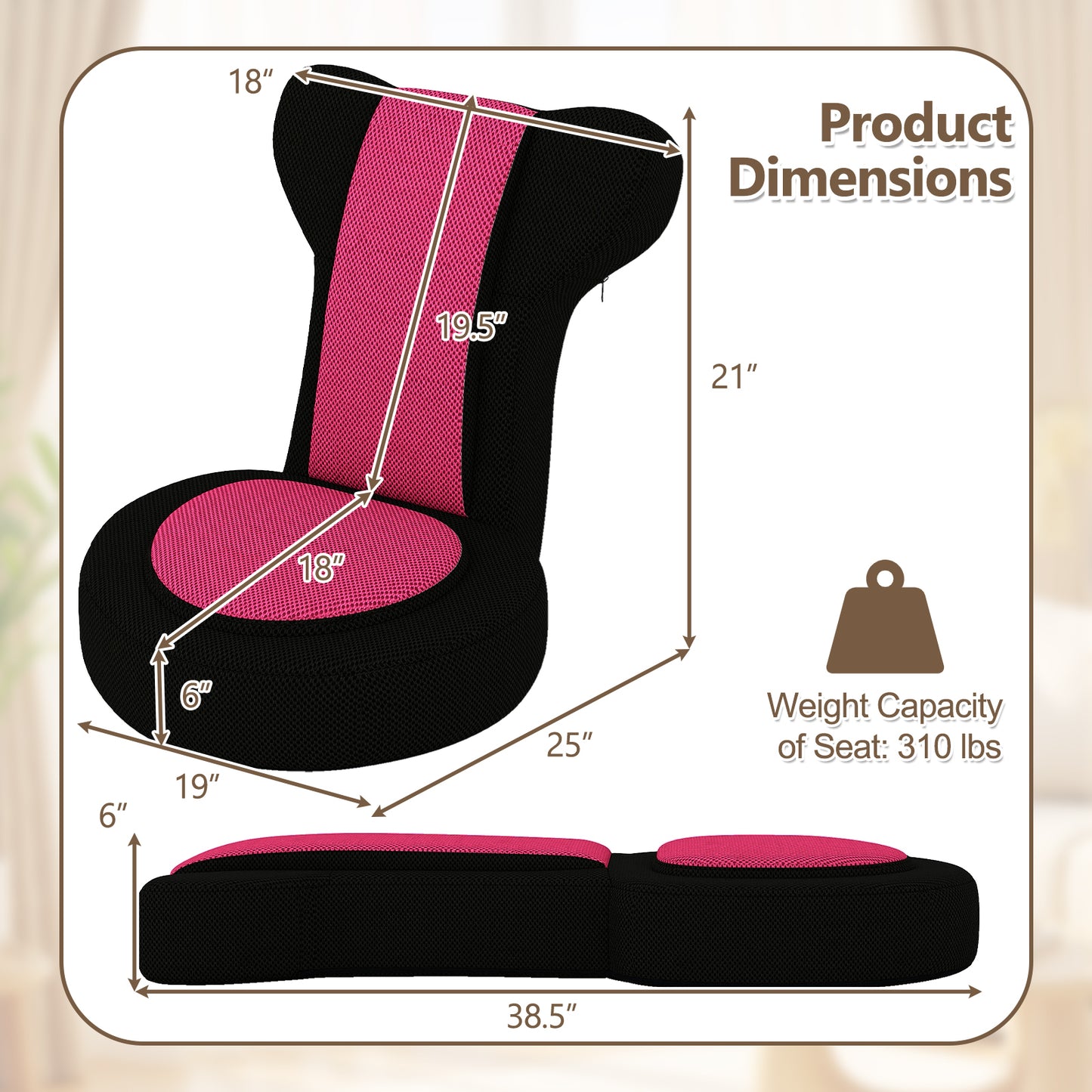 Floor Comfy Gaming Leisure Chair with Adjustable Headrest and Backrest-Pink