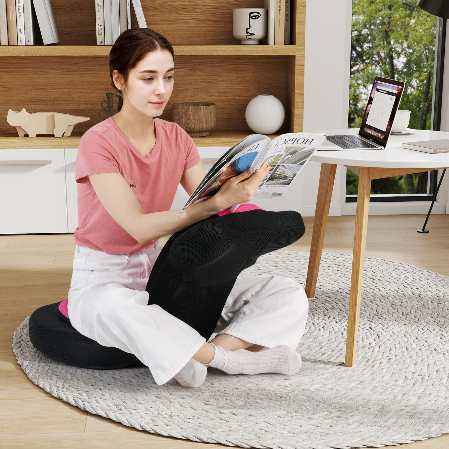 Floor Comfy Gaming Leisure Chair with Adjustable Headrest and Backrest-Pink