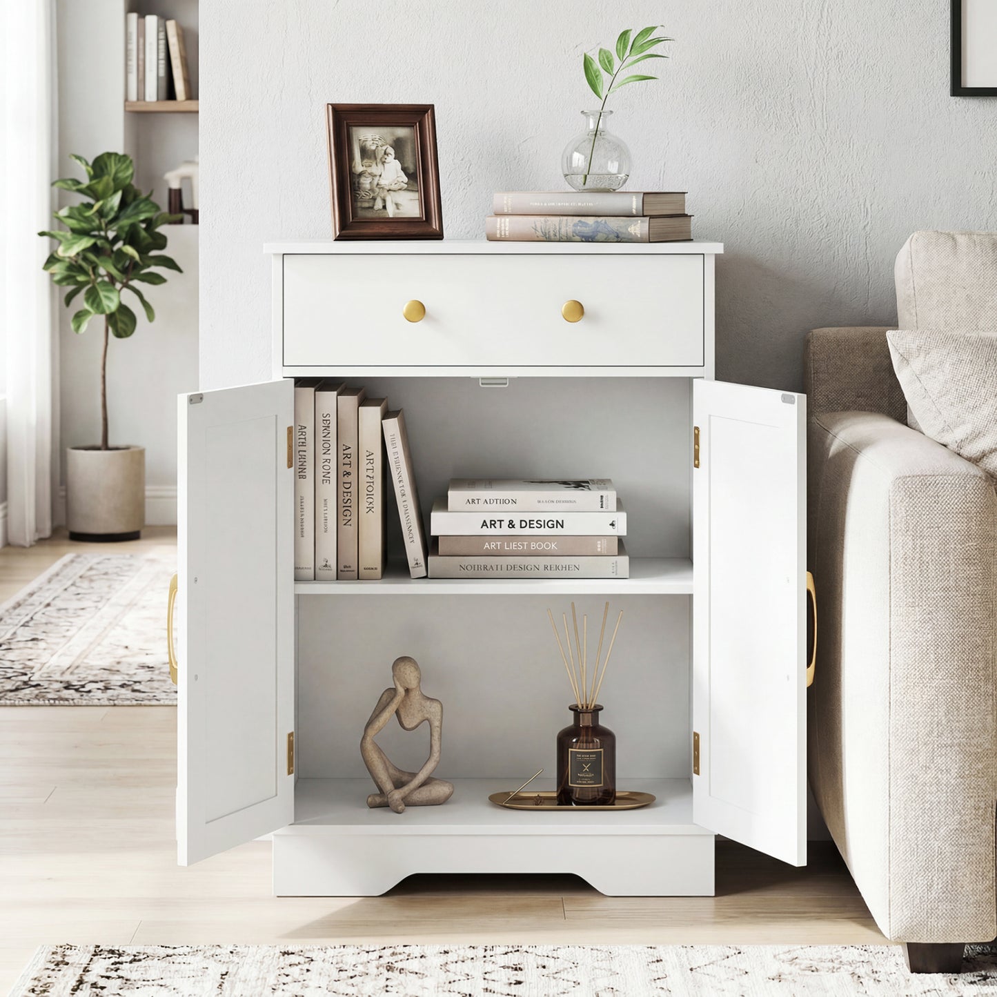 Floor Storage Cabinet with Drawer and Adjustable Shelf