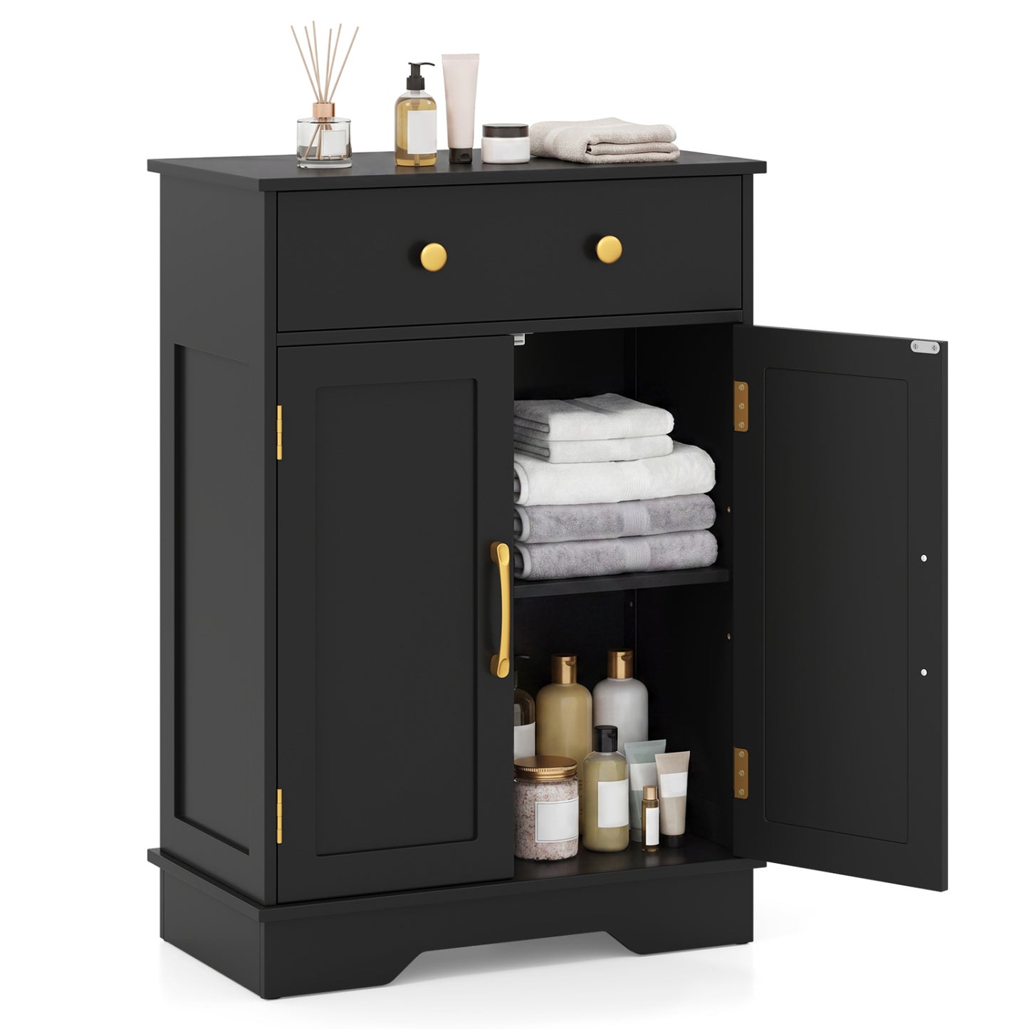 Floor Storage Cabinet with Drawer and Adjustable Shelf