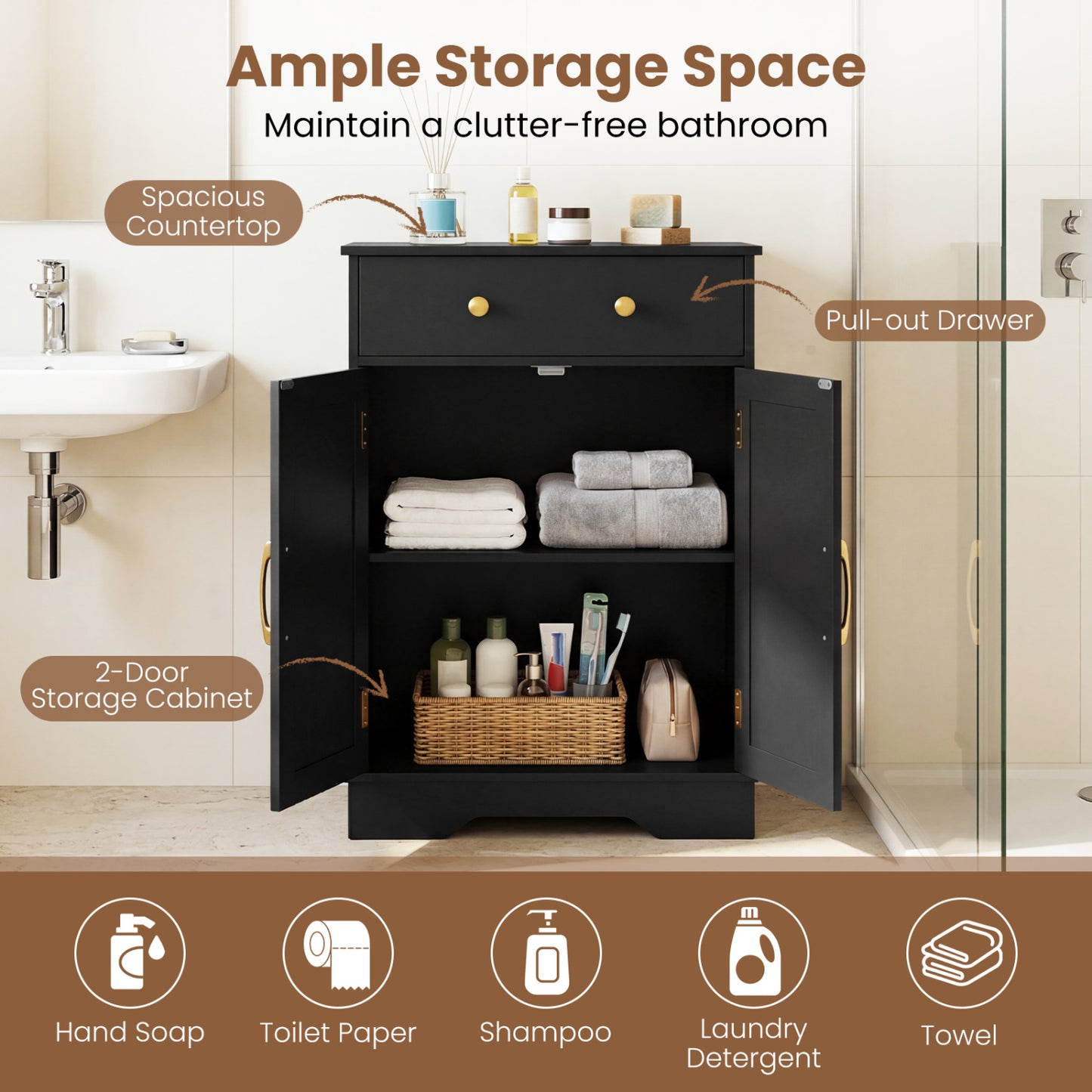 Floor Storage Cabinet with Drawer and Adjustable Shelf
