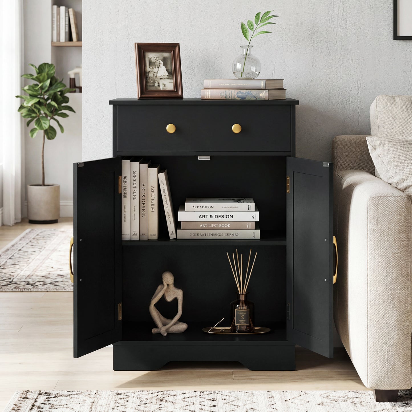 Floor Storage Cabinet with Drawer and Adjustable Shelf