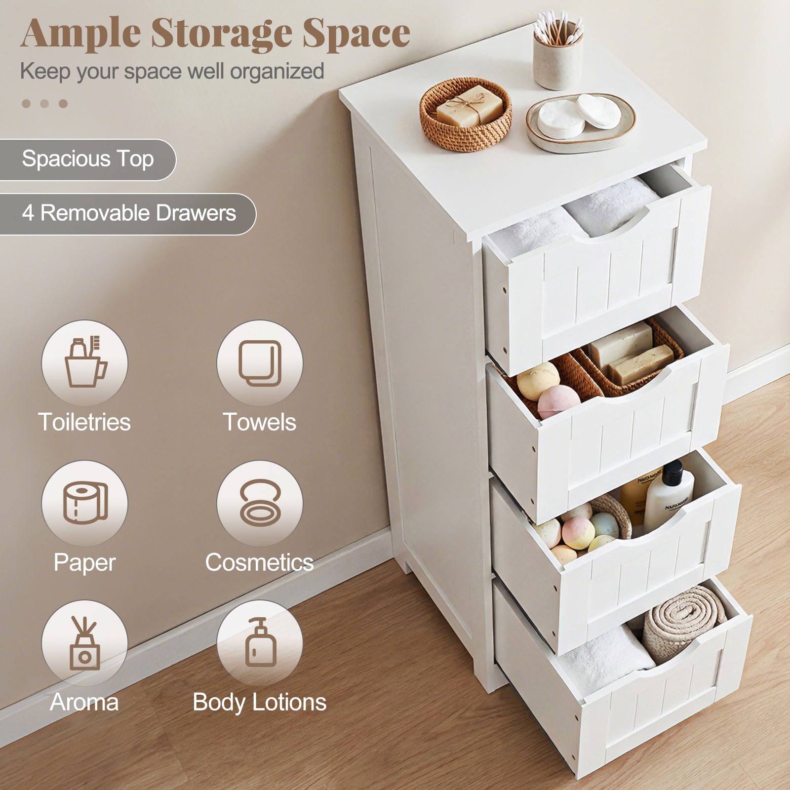 Floor Wooden Free Standing Storage Side Organizer for Bathroom-White