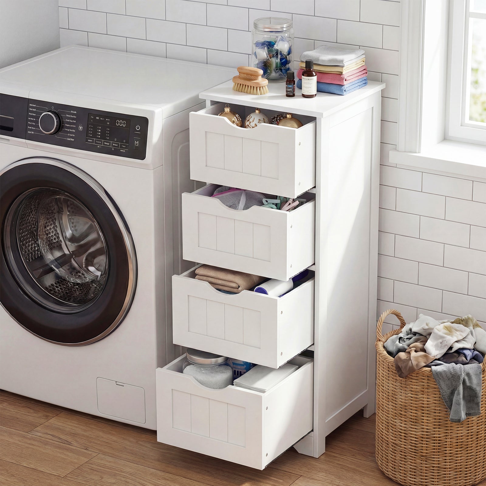 Floor Wooden Free Standing Storage Side Organizer for Bathroom-White