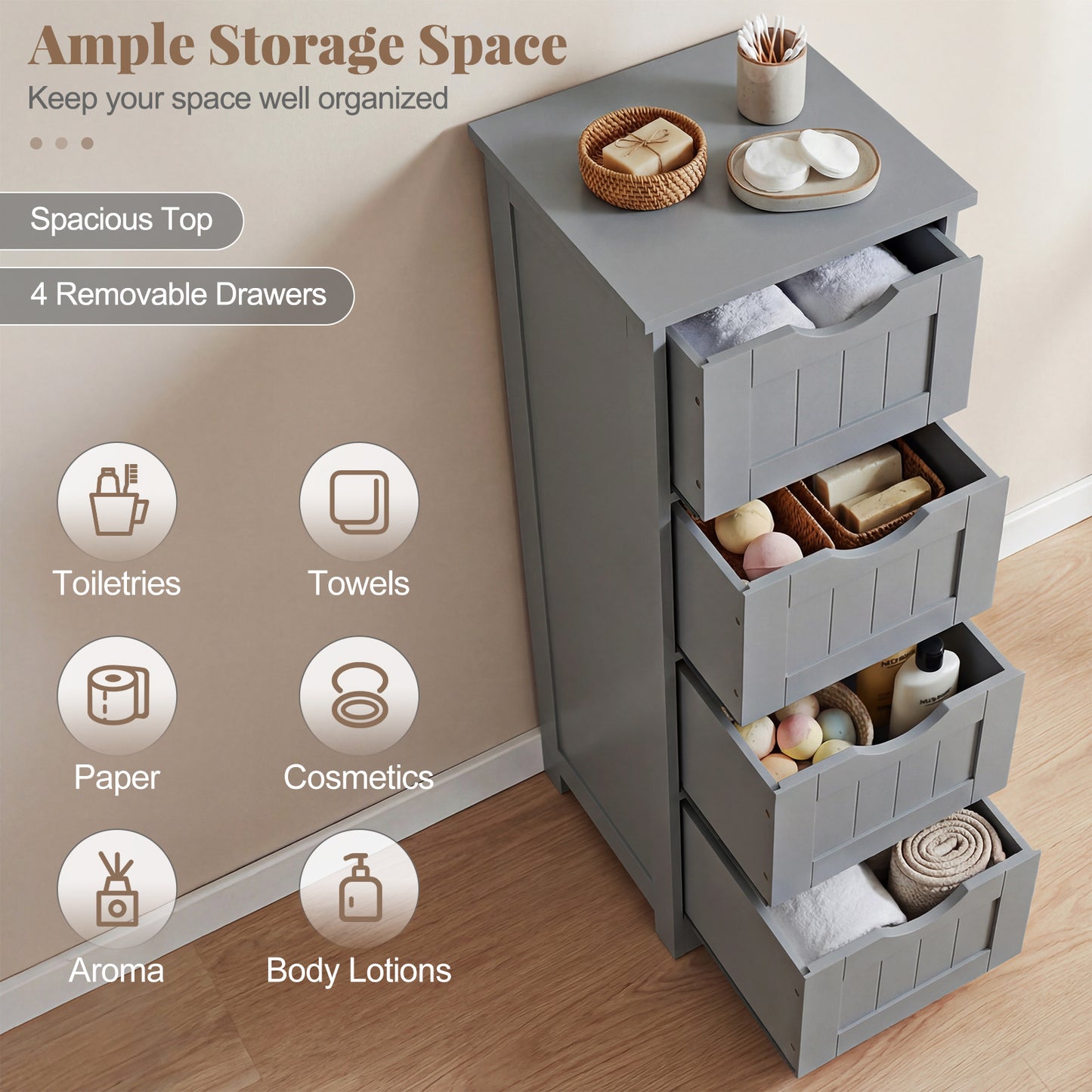 Floor Wooden Free Standing Storage Side Organizer for Bathroom-Gray