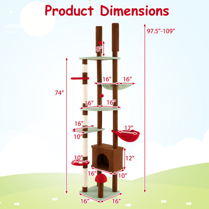 Floor to Ceiling Cat Tree Adjustable Mushroom Themed with Condo and Hammock-Brown