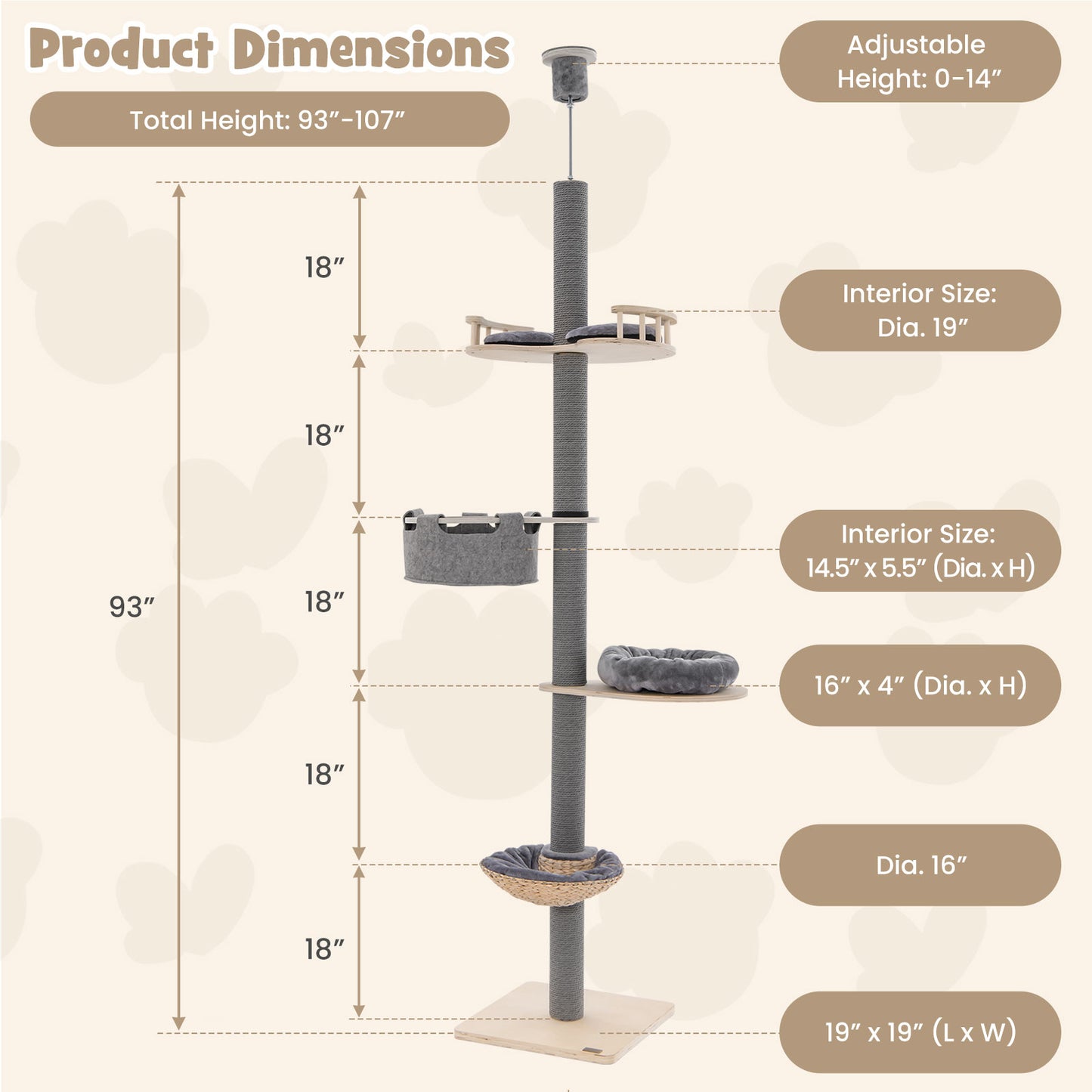 Floor to Ceiling Cat Tree with 93 Inch-107 Inch Adjustable Height-Gray