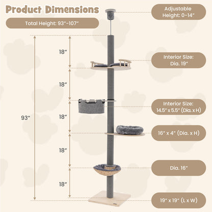 Floor to Ceiling Cat Tree with 93 Inch-107 Inch Adjustable Height-Gray