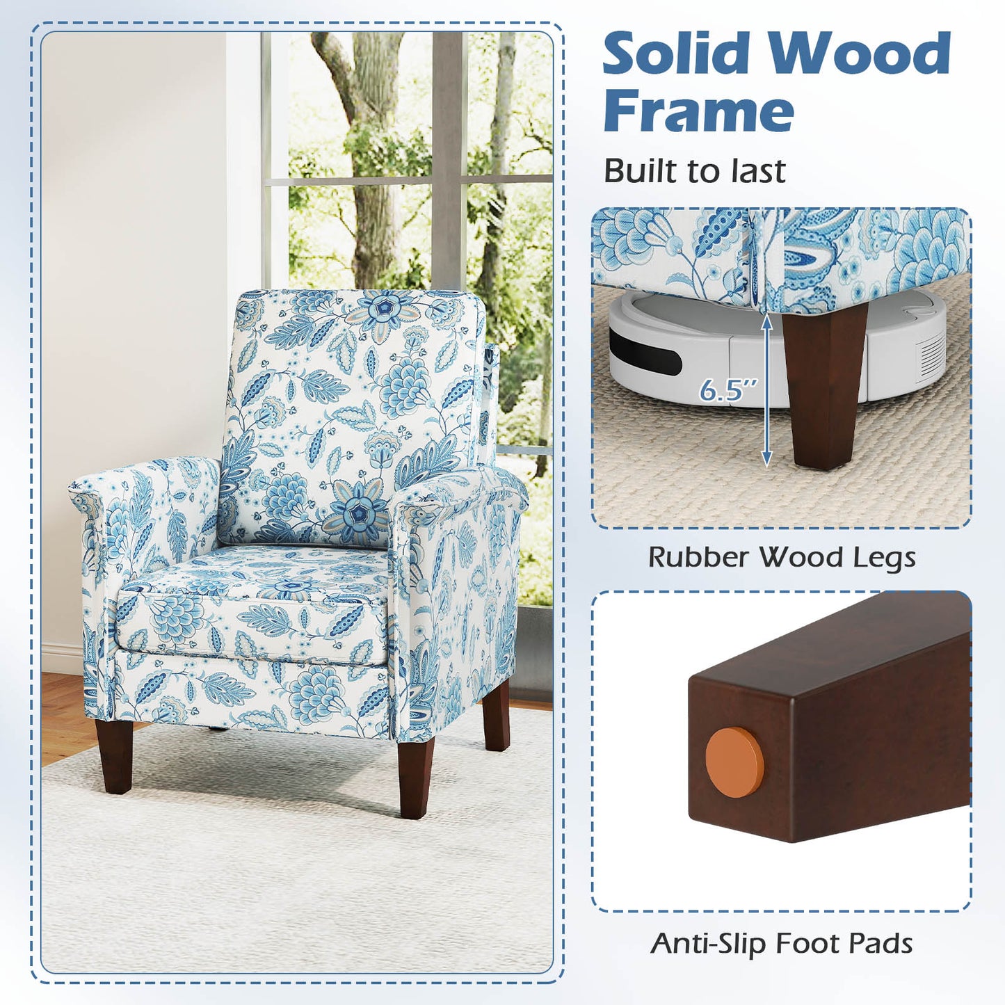 Floral Accent Chair Farmhouse Boho Armchair with Solid Wood Legs and High Back-Blue