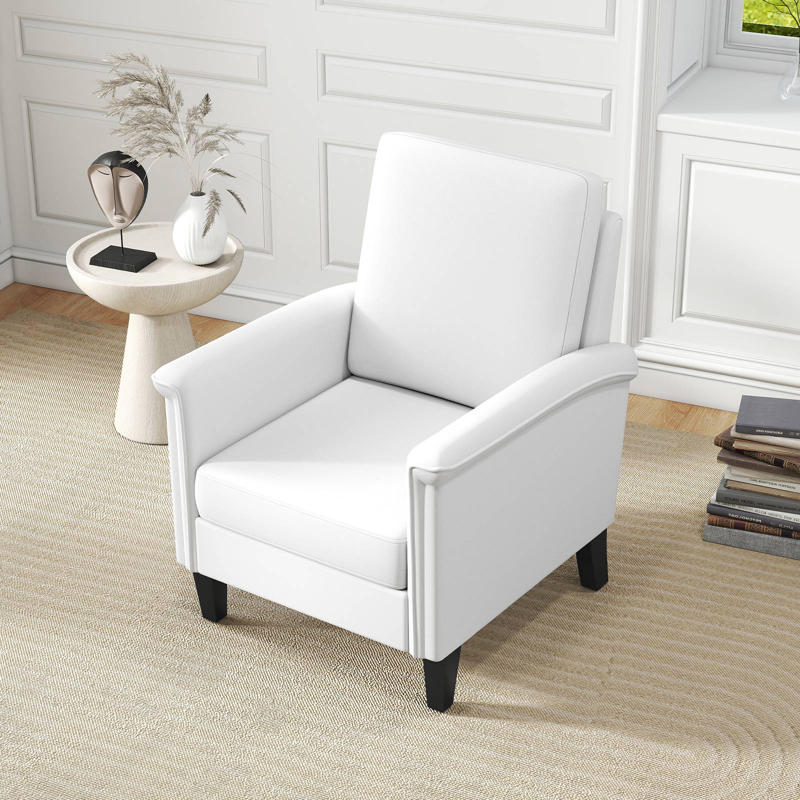 Floral Accent Chair Farmhouse Boho Armchair with Solid Wood Legs and High Back-Beige