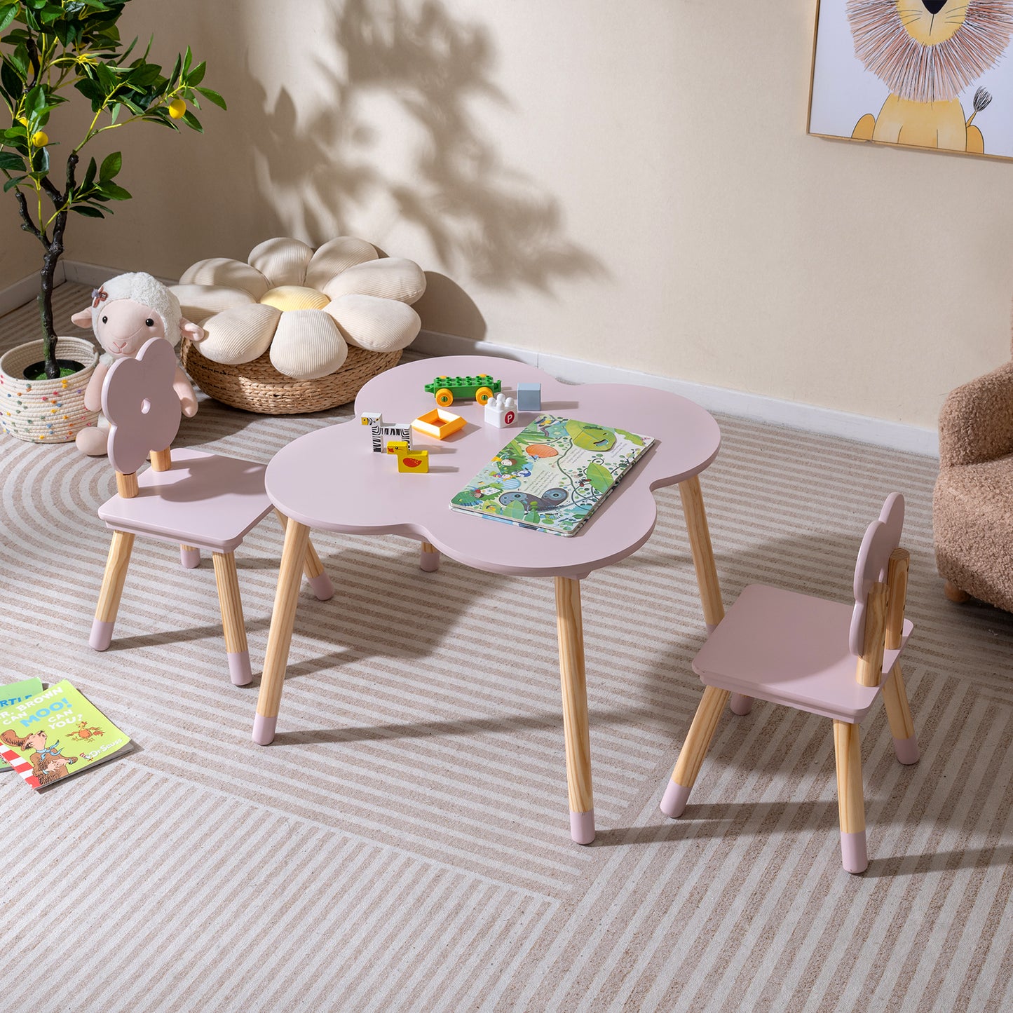 Flower-shaped Kids Table Set with Solid Pine Wood Legs-Pink