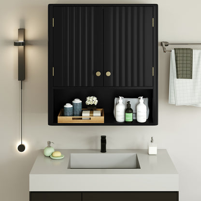Fluted Bathroom Wall Cabinet with Open Shelf-Black