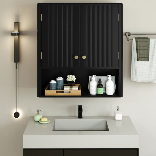Fluted Bathroom Wall Cabinet with Open Shelf-Black