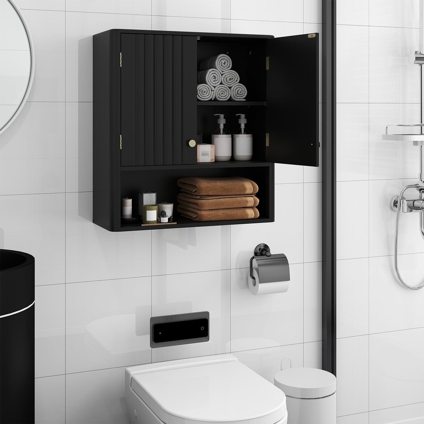 Fluted Bathroom Wall Cabinet with Open Shelf-Black