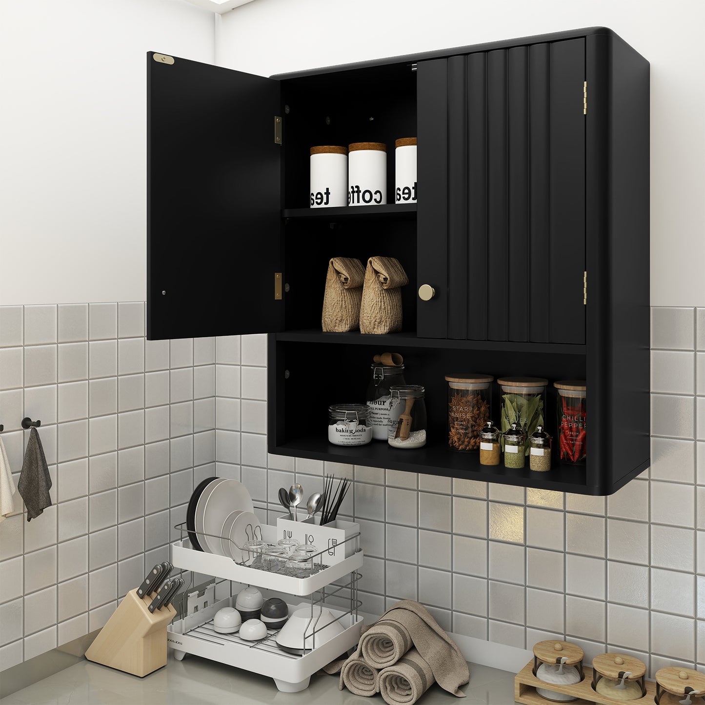 Fluted Bathroom Wall Cabinet with Open Shelf-Black