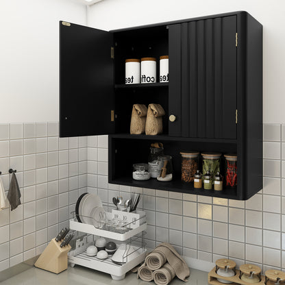 Fluted Bathroom Wall Cabinet with Open Shelf-Black