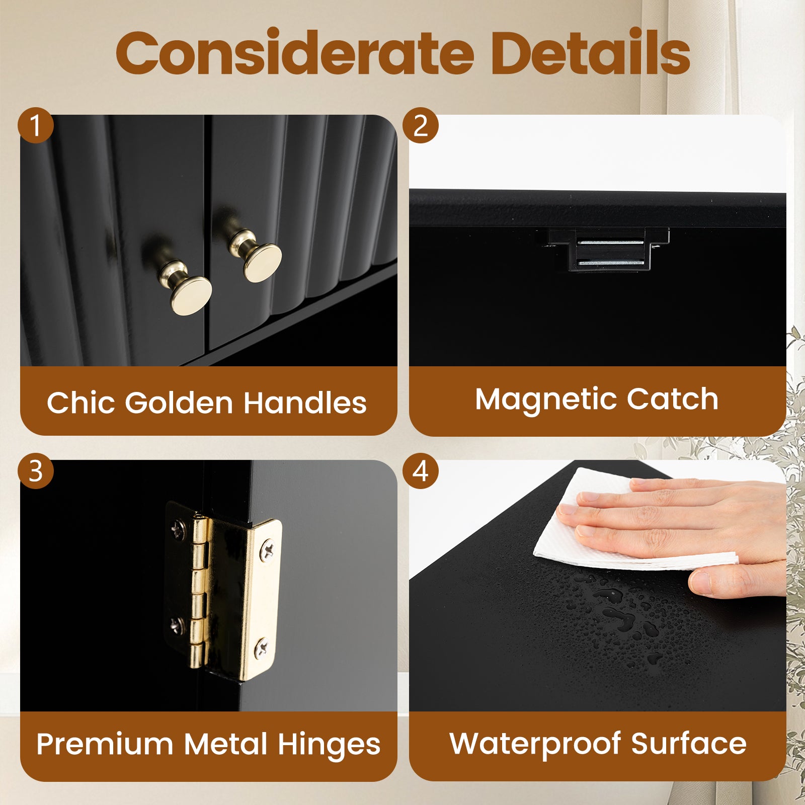 Fluted Bathroom Wall Cabinet with Open Shelf-Black