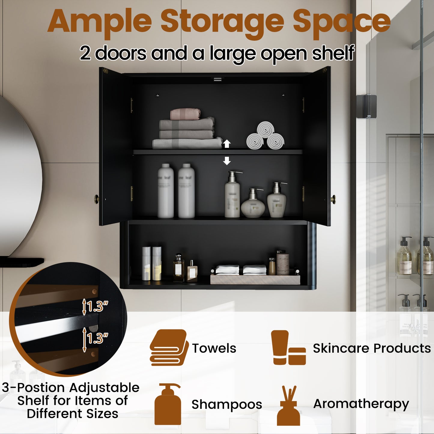 Fluted Bathroom Wall Cabinet with Open Shelf-Black