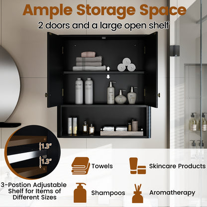 Fluted Bathroom Wall Cabinet with Open Shelf-Black