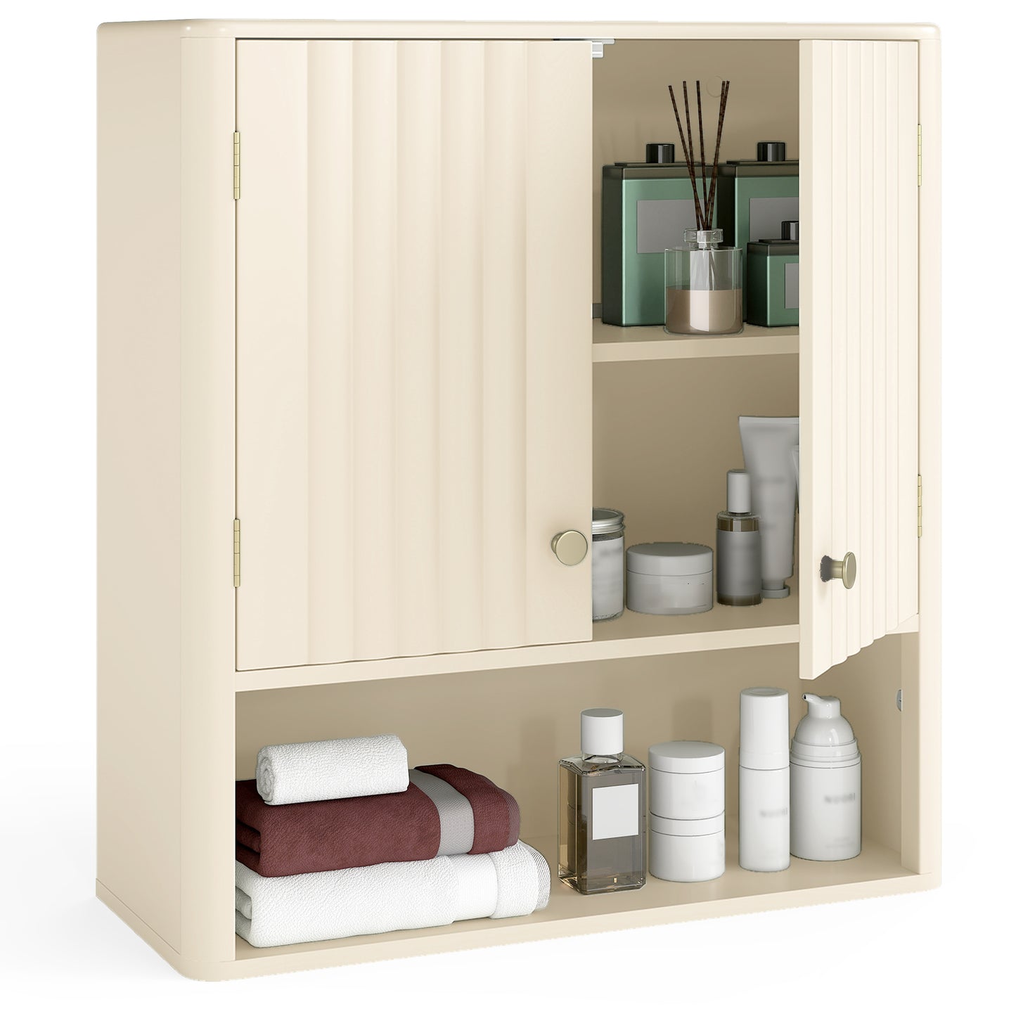 Fluted Bathroom Wall Cabinet with Open Shelf-Beige