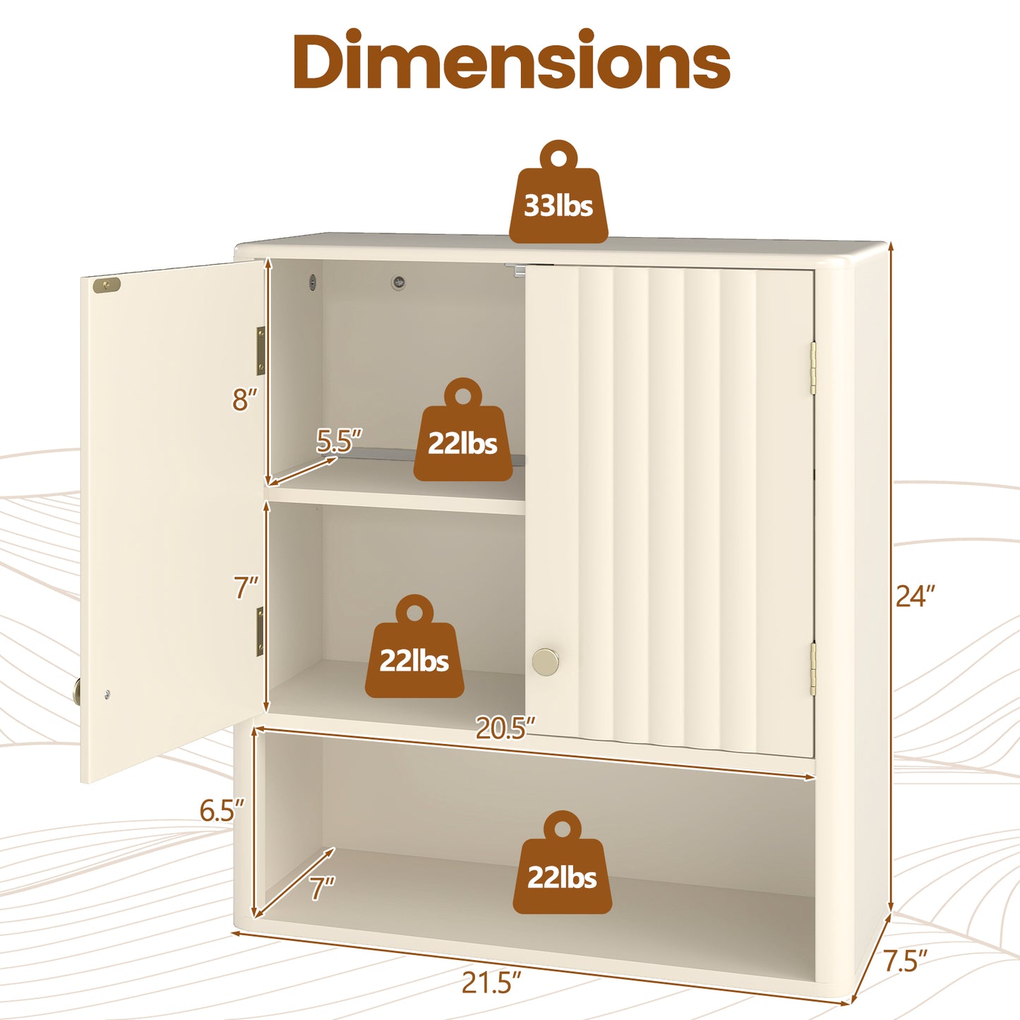 Fluted Bathroom Wall Cabinet with Open Shelf-Beige