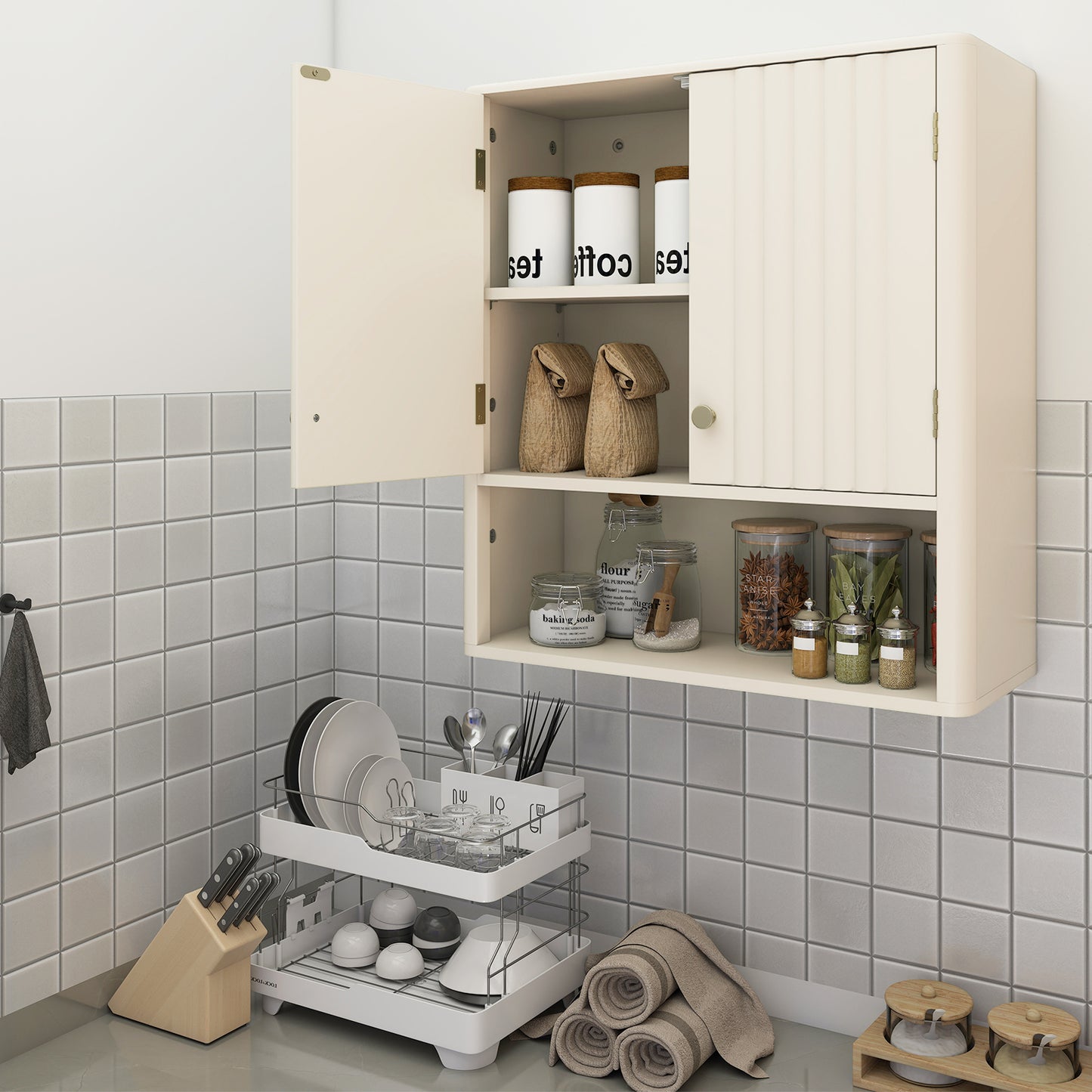 Fluted Bathroom Wall Cabinet with Open Shelf-Beige