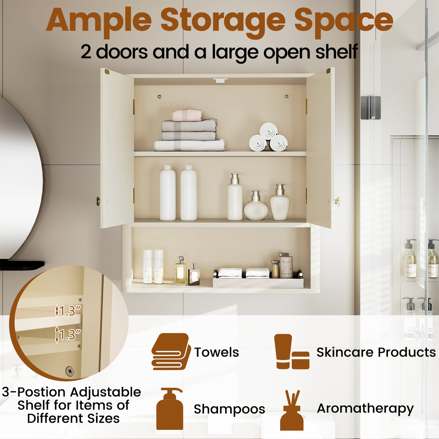 Fluted Bathroom Wall Cabinet with Open Shelf-Beige