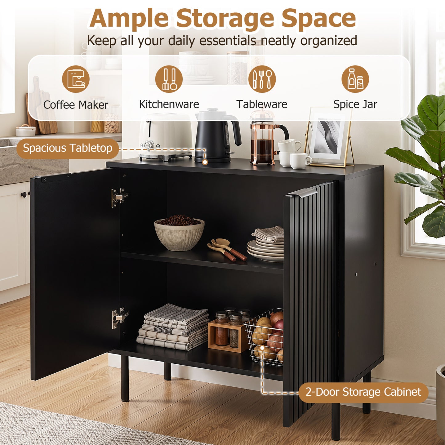 Fluted Buffet Cabinet with 2-Door Storage