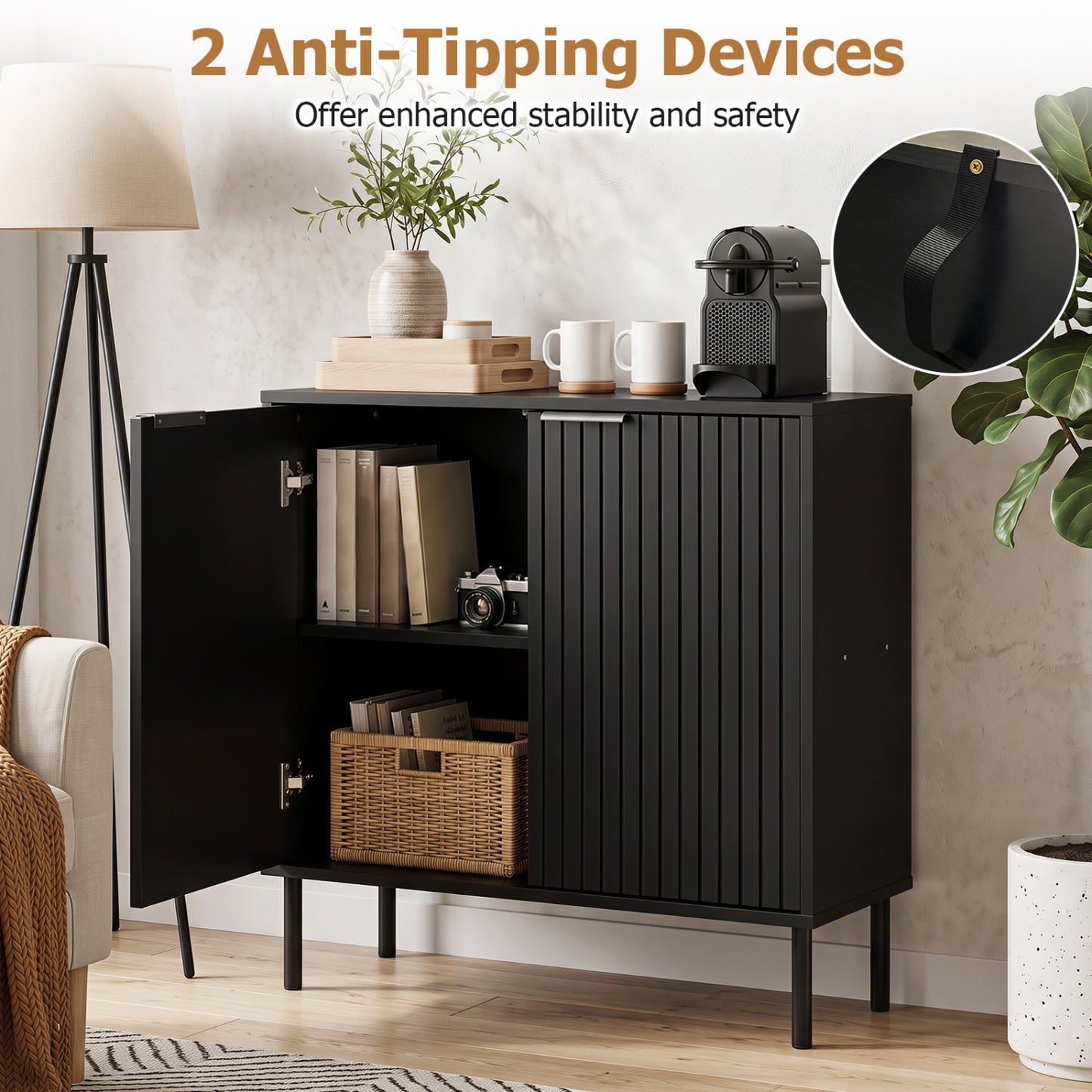 Fluted Buffet Cabinet with 2-Door Storage