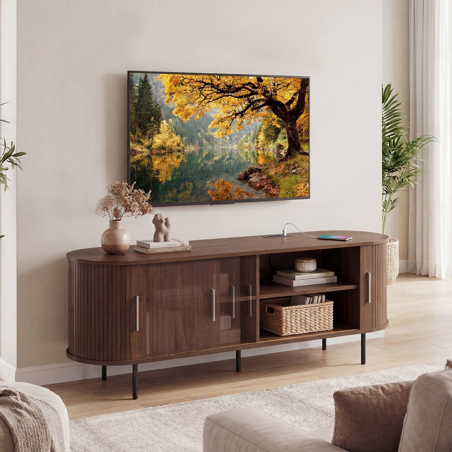 Fluted TV Stand for TVs up to 60" Mid Century Curved Entertainment Center-Walnut